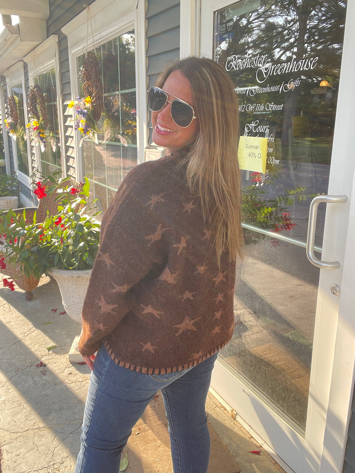 BROWN STAR BUTTON DOWN SWEATER/CARDIGAN WITH BLANKET STITCH
