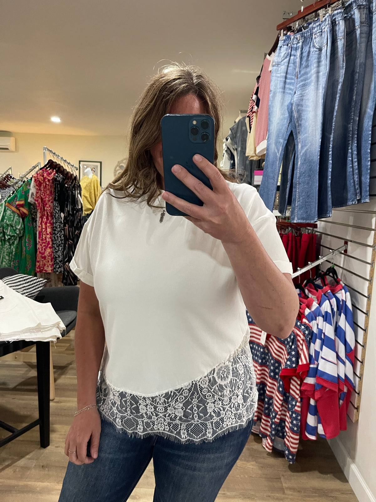 WHITE ASYMMETRICAL LACE HEM KNIT TOP