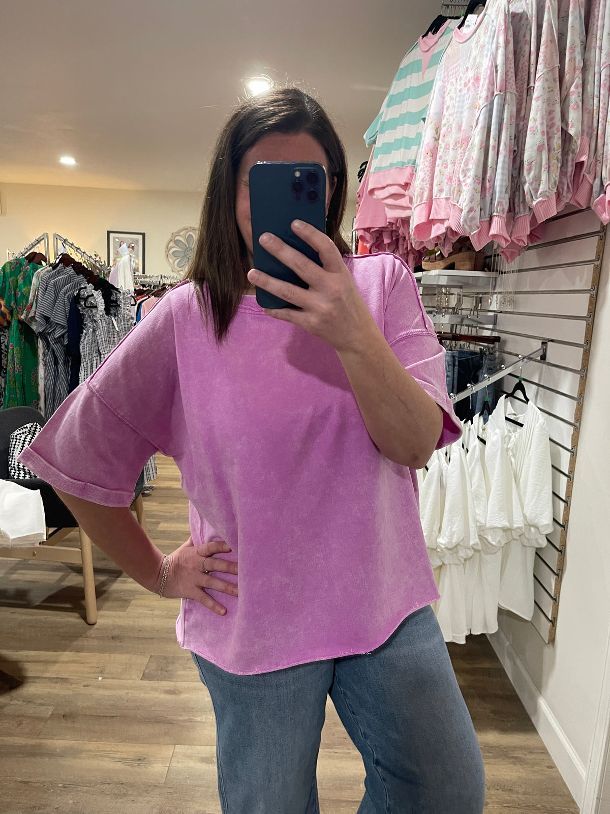 BRIGHT MAUVE MINERAL WASH LOOSE FIT TOP W/ RAW HEM