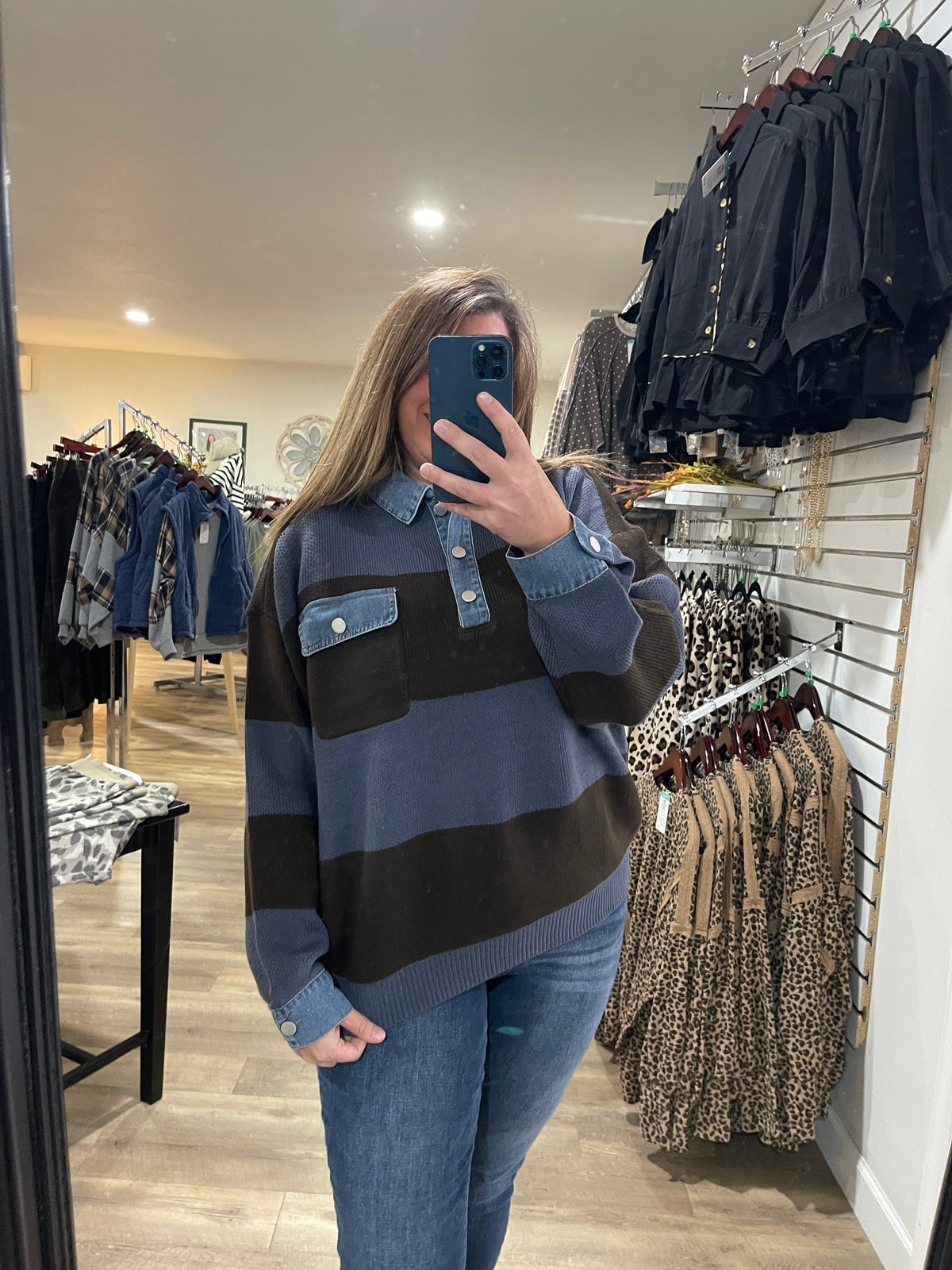 BROWN/SLATE BLUE STRIPED KNIT SWEATER W/ DENIM TRIM