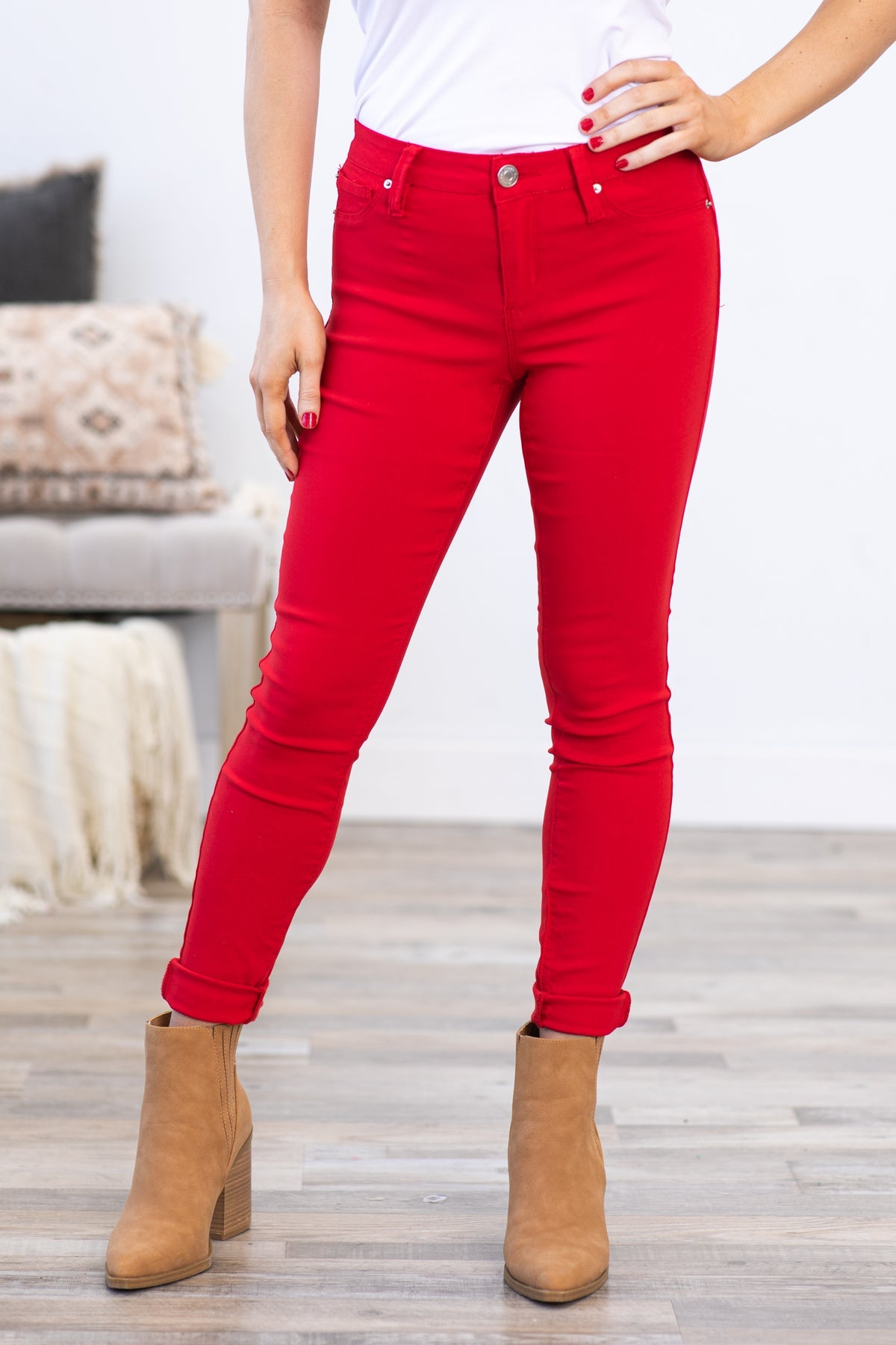 RUBY RED HYPERSTRETCH SKINNY MIDRISE PANTS
