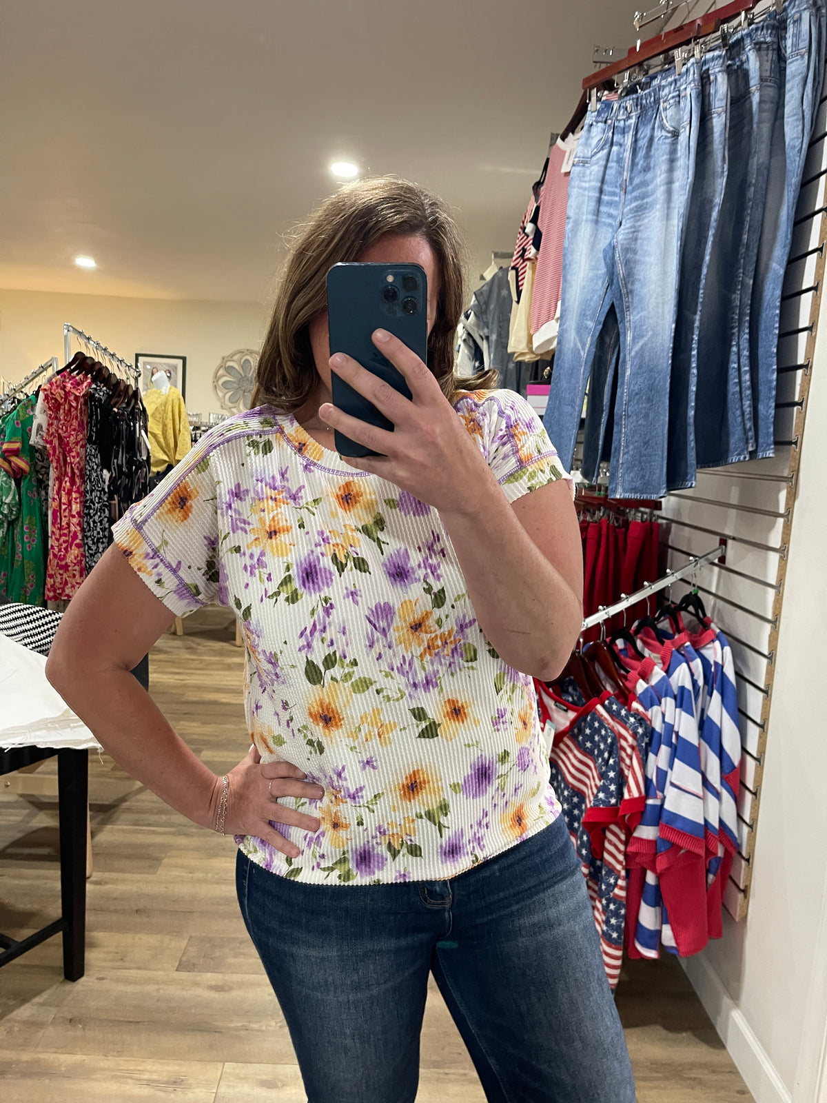 WHITE Floral Ribbed Short Sleeve Knit Top