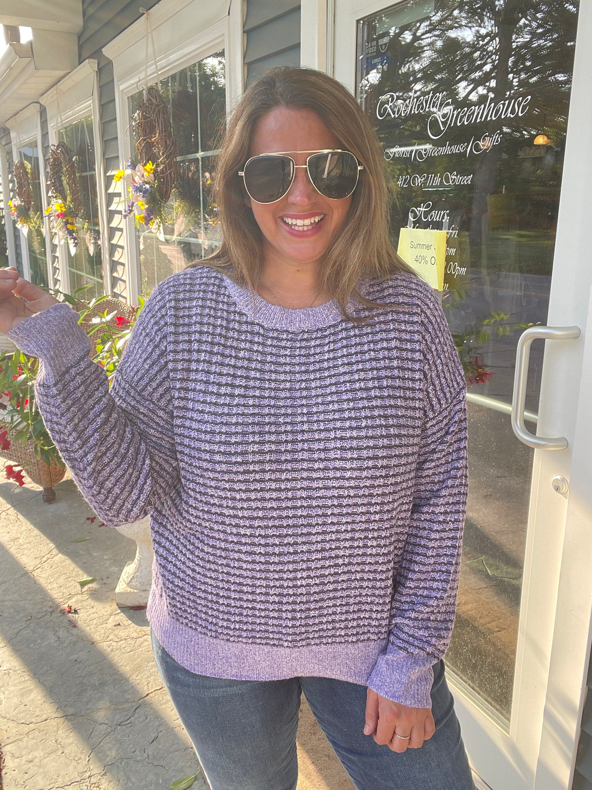 PURPLE Waffle Textured Crew Neck Long Sleeve Striped Sweater