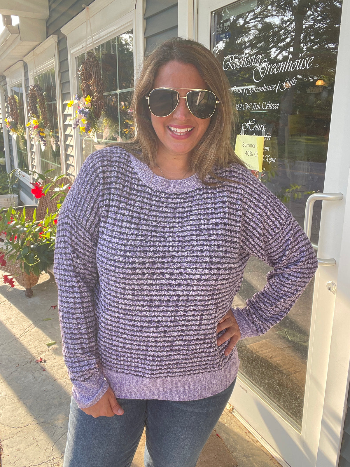 PURPLE Waffle Textured Crew Neck Long Sleeve Striped Sweater