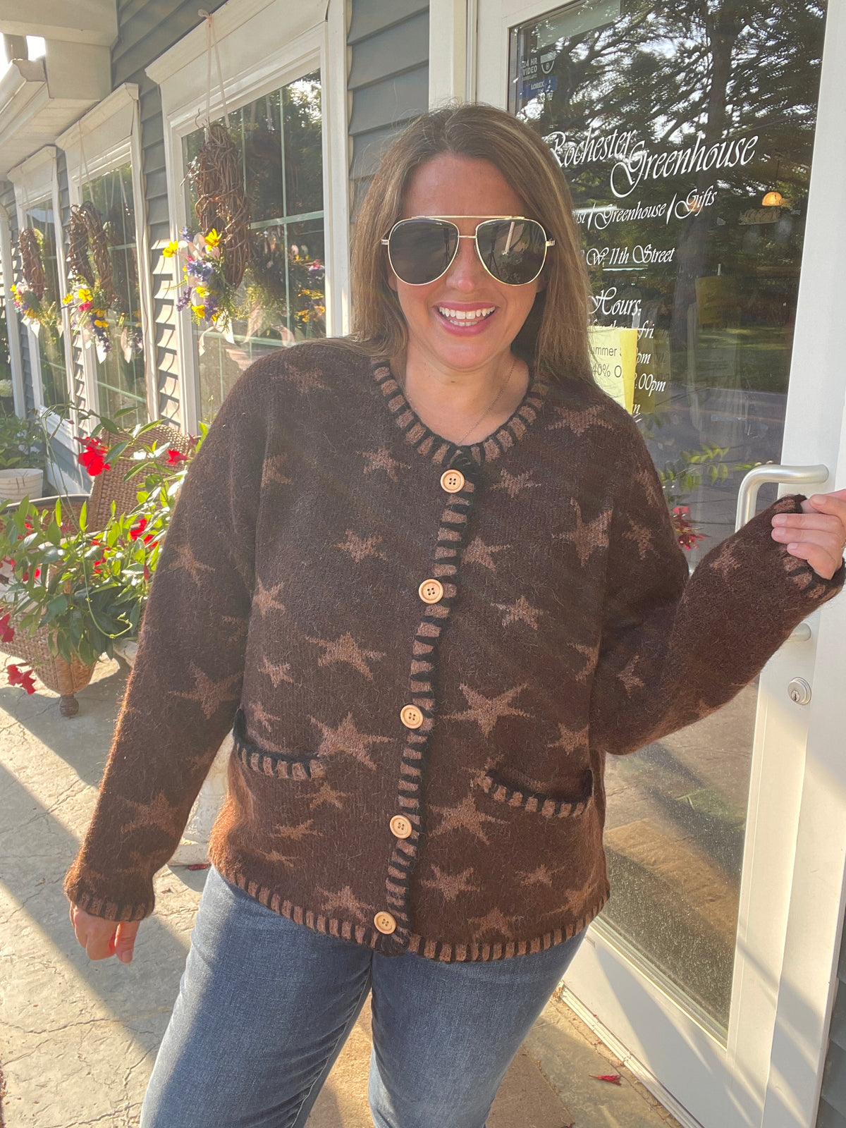 BROWN STAR BUTTON DOWN SWEATER/CARDIGAN WITH BLANKET STITCH