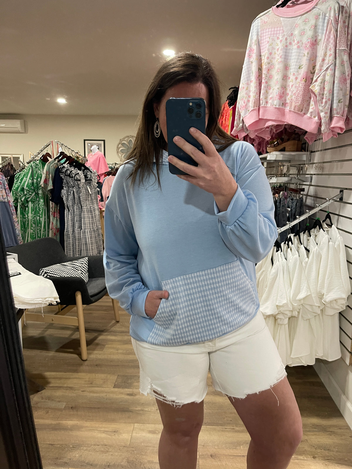 BLUE GINGHAM TRIM LIGHT WEIGHT PULLOVER HOODIE