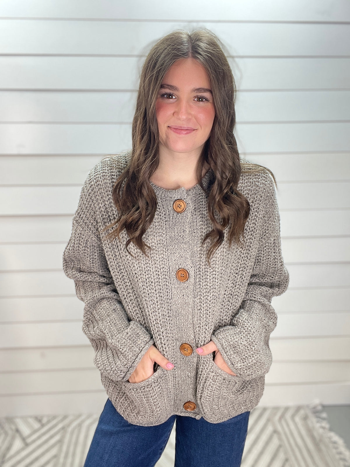 Grey Marled Button Down Raw Edge Chunky Knit Cardigan