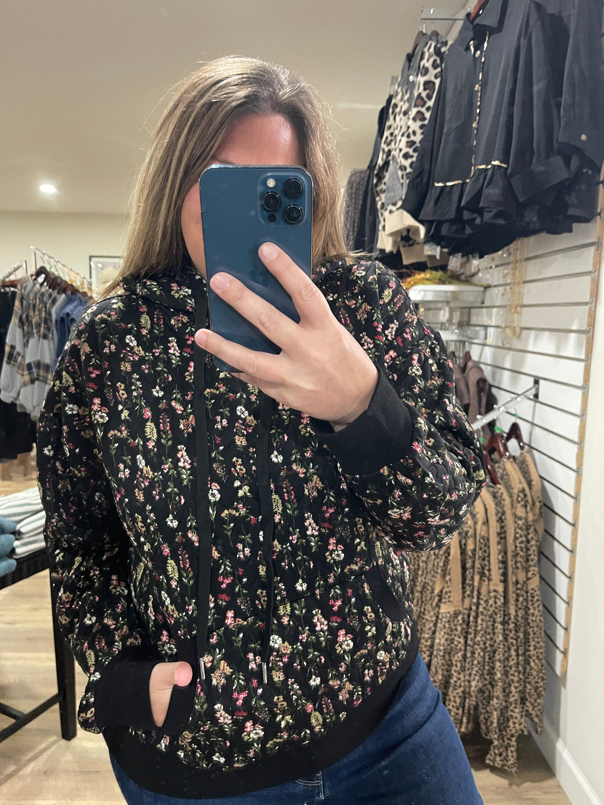 BLACK Printed Quilted Hoodie Pullover Top Kangaroo Pocket