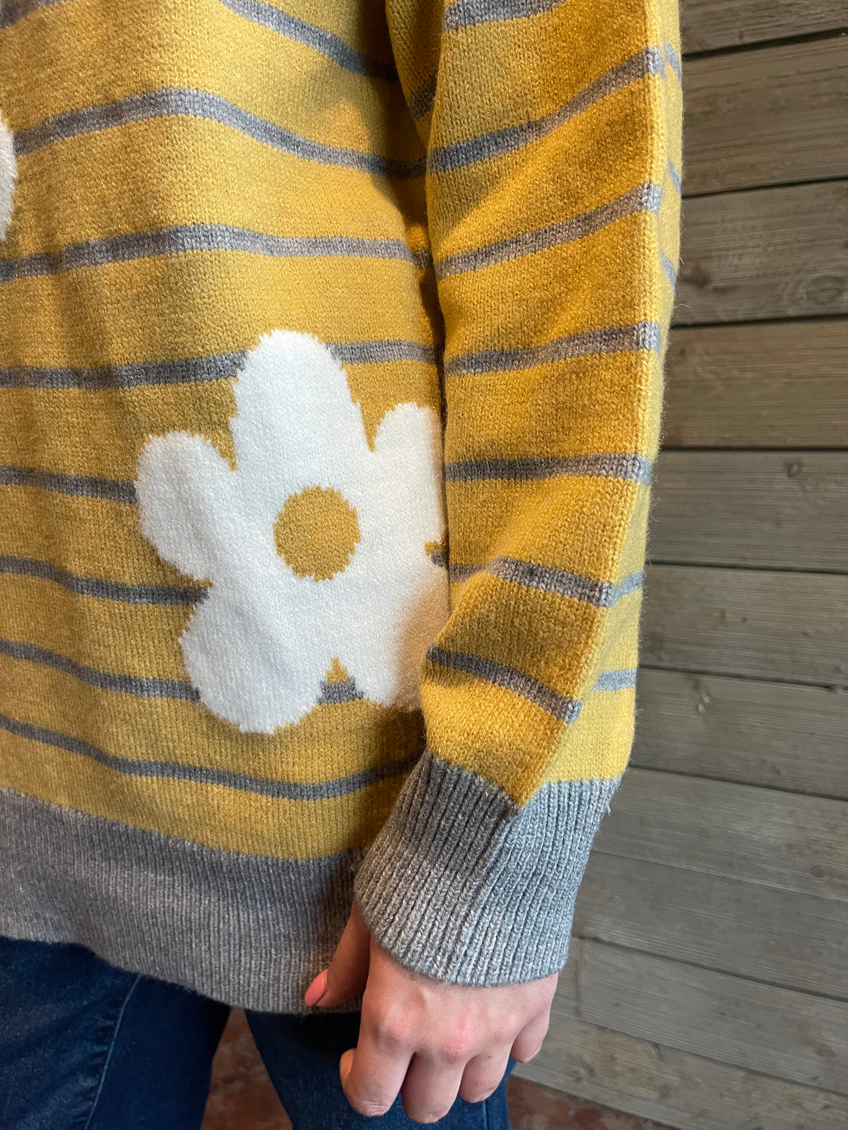 MUSTARD/GREY STRIPED FLORAL KNIT SWEATER