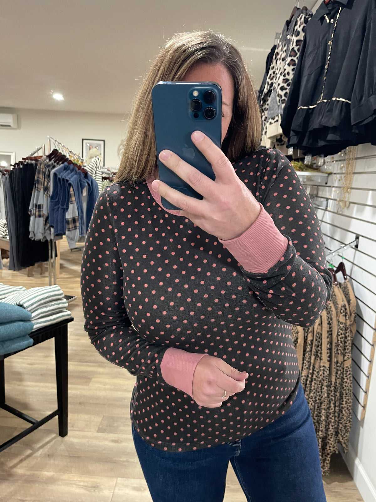 BROWN/PINK Crew Neck, Long Sleeve, Polka Dot Printed Hacci Top