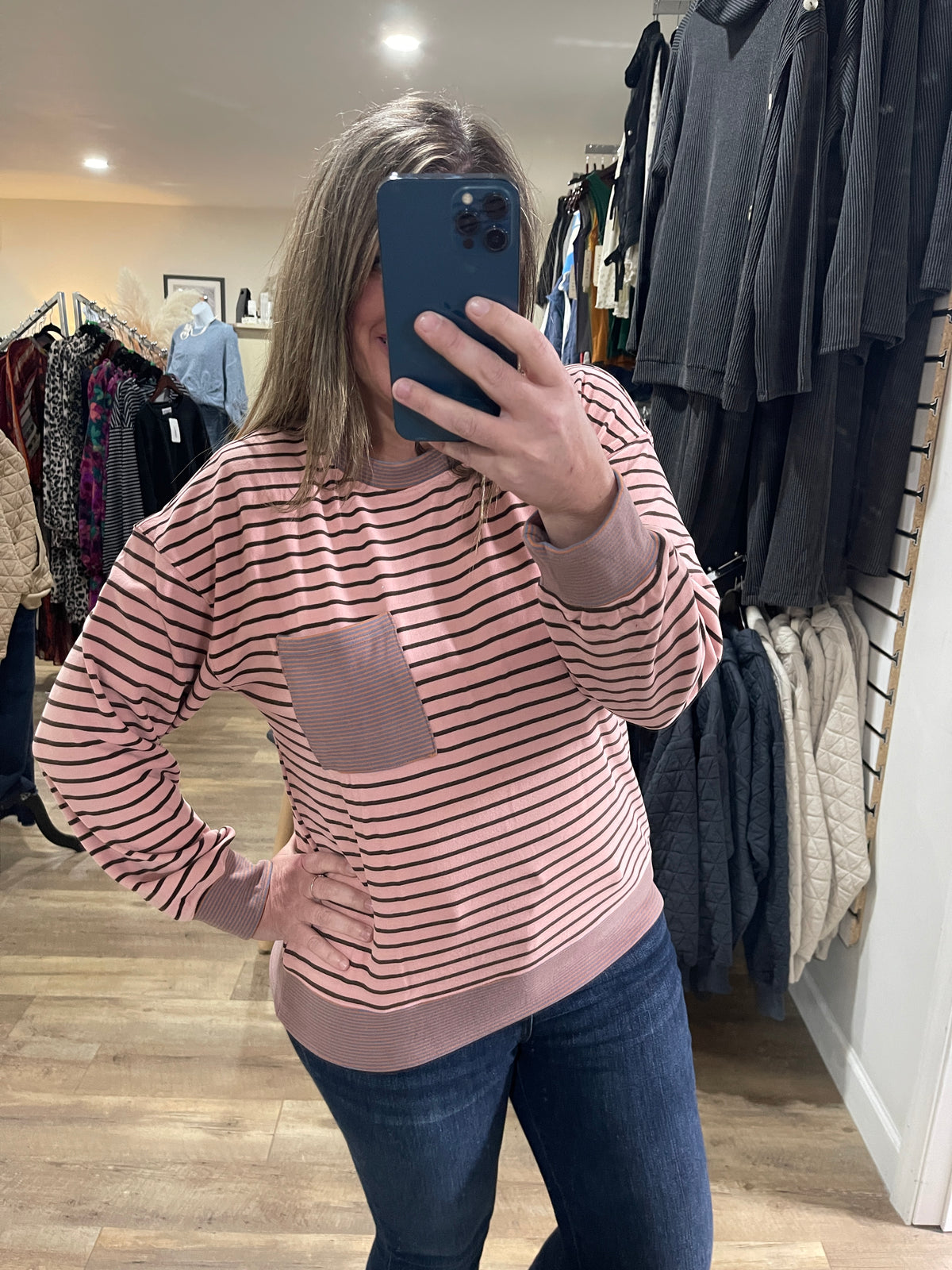 MAUVE/BROWN STRIPED BUTTER POCKET KNIT TOP