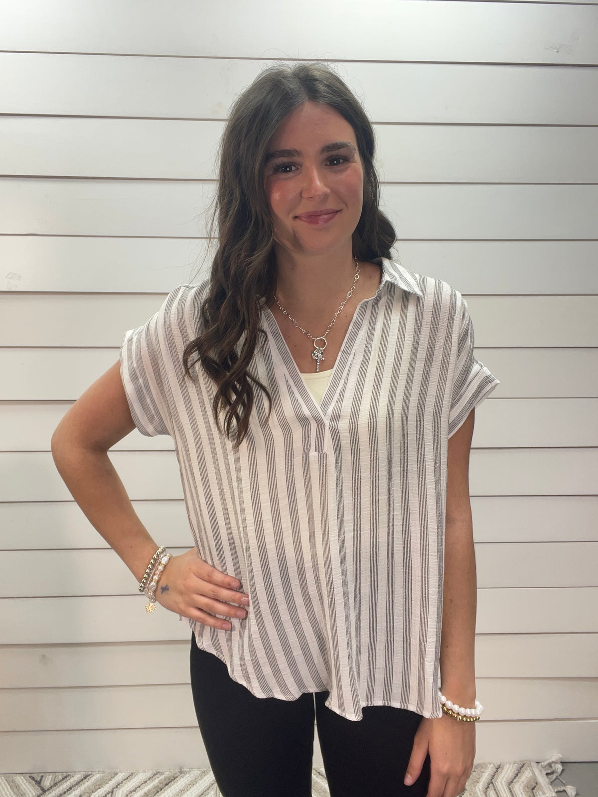 WHITE/BLACK STRIPED COLLARED V NECK WOVEN TOP