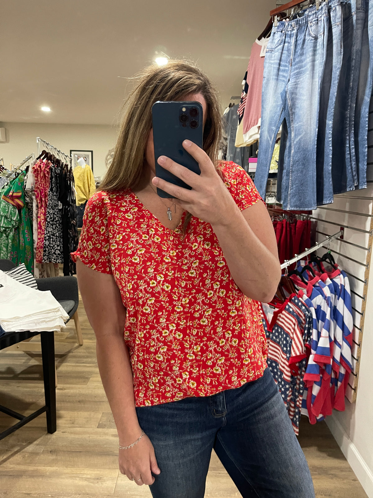 RED FLORAL WOVEN V NECK TOP