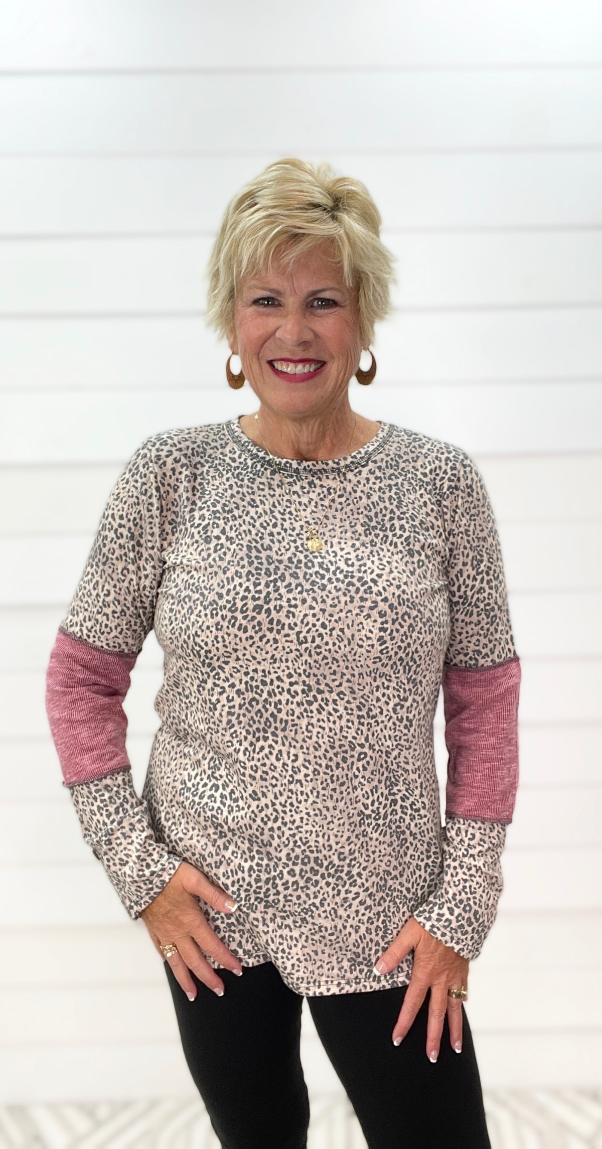 MOCHA ANIMAL PRINT KNIT TOP W/ BUTTON AND RIBBED INSERT LONG SLEEVE