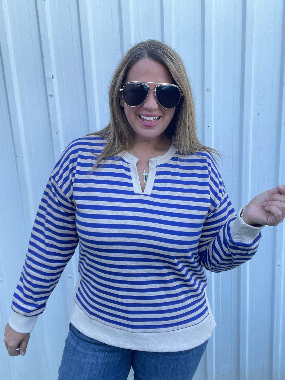 BLUE/OATMEAL Notch Neck Long Sleeve Stripe Top