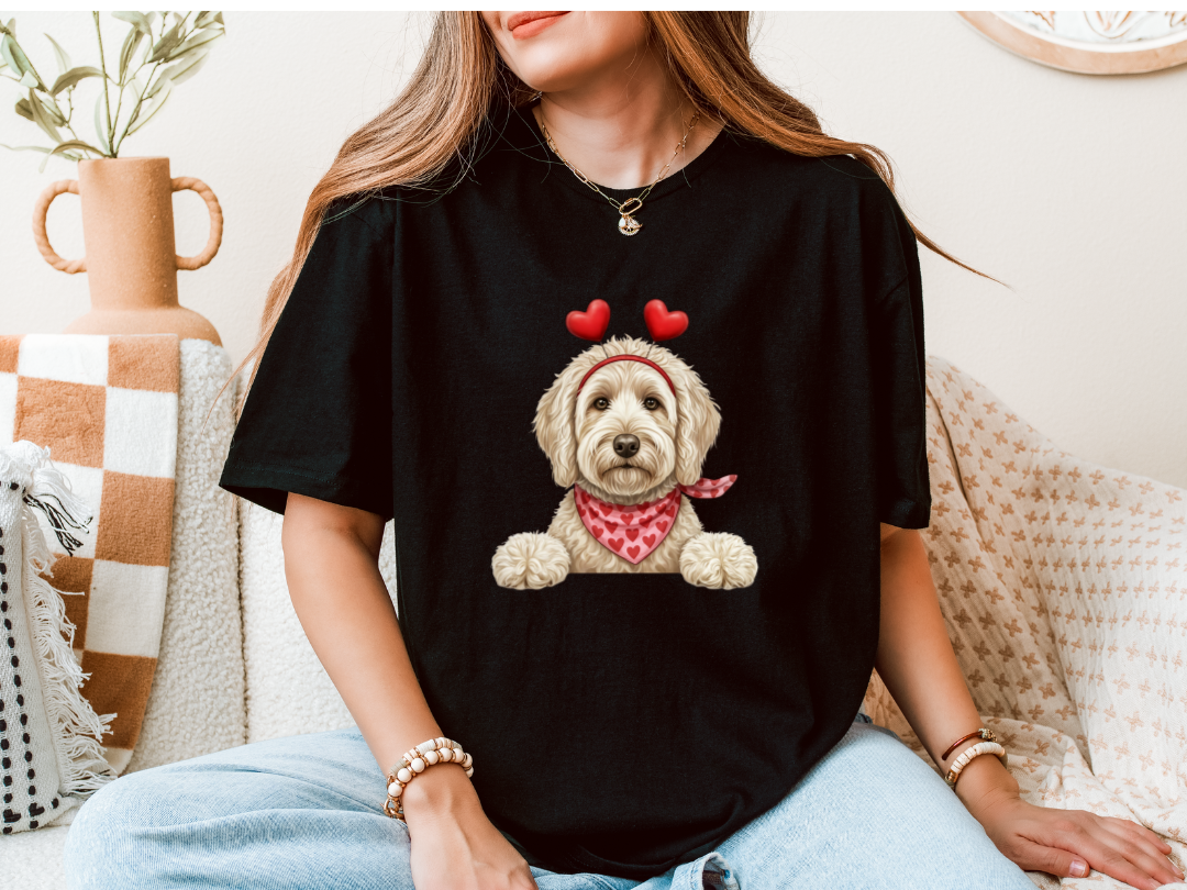 VALENTINE DOGS RED HEART HEADBAND - **BLACK SHORT SLEEVE TEE S-4XL** 89 BREEDS  - EACH SHIRT COLOR HAS IT'S OWN LISTING