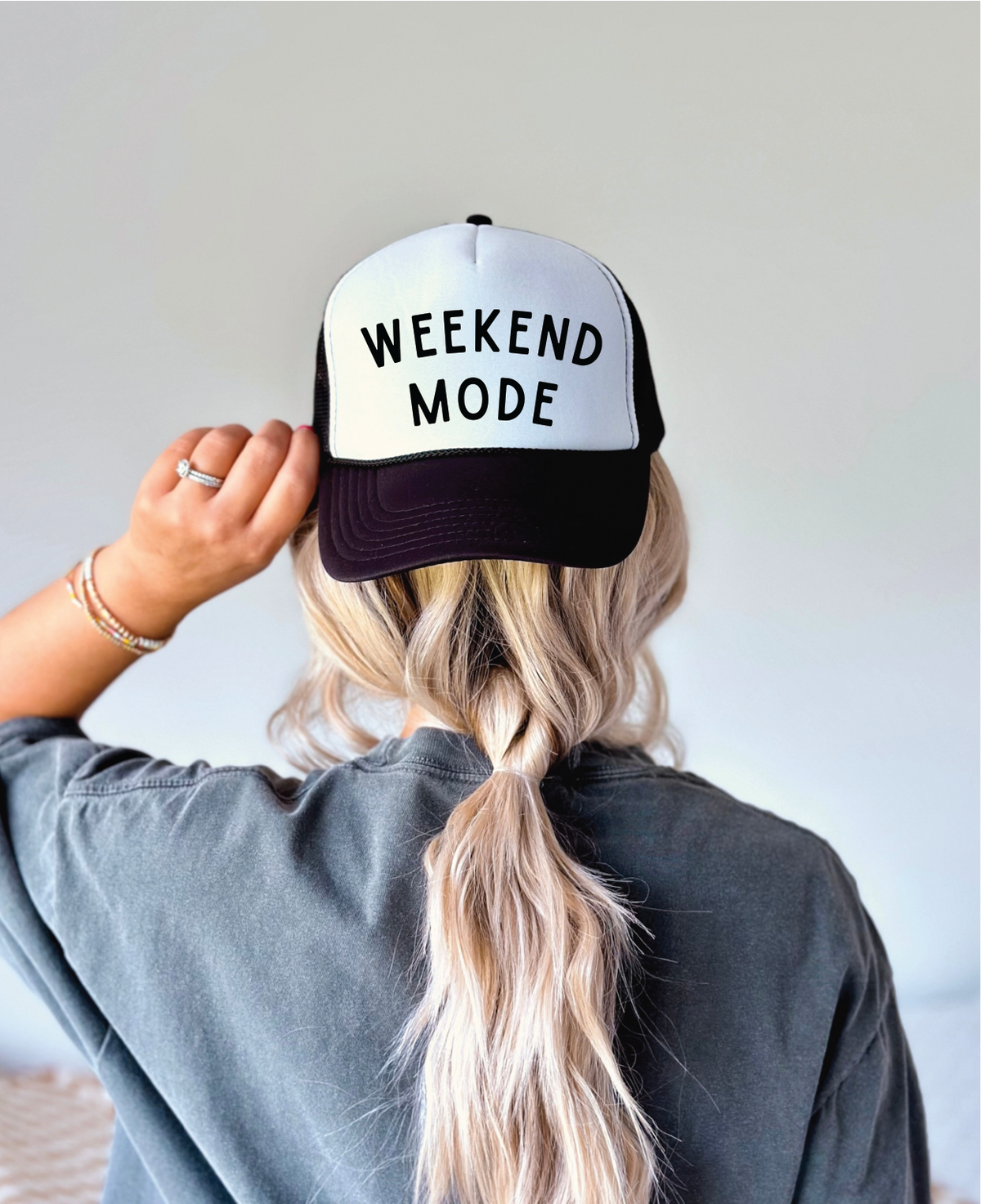Southern Attitude Designs Inc - Weekend Mode DTF Printed Black & White Trucker Hat