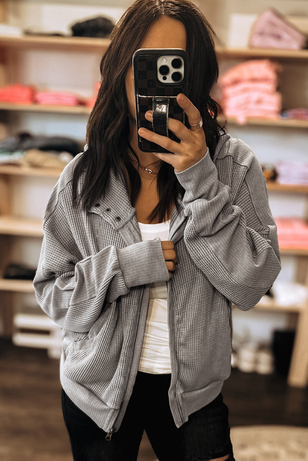 GREY WAFFLE TEXTURED ZIP UP JACKET