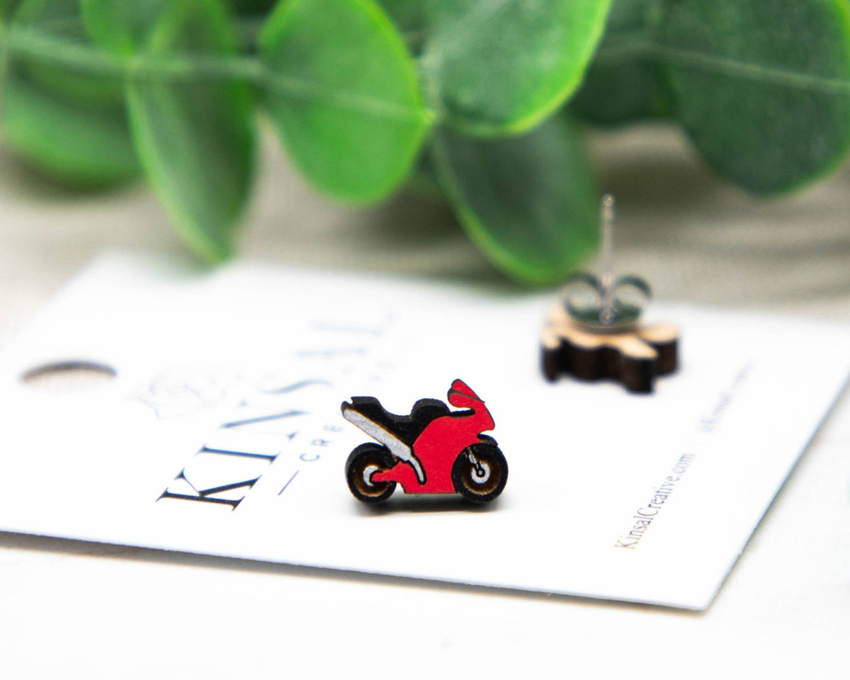 Kinsal Creative - Motorcycle Wood Stud Earrings: Red