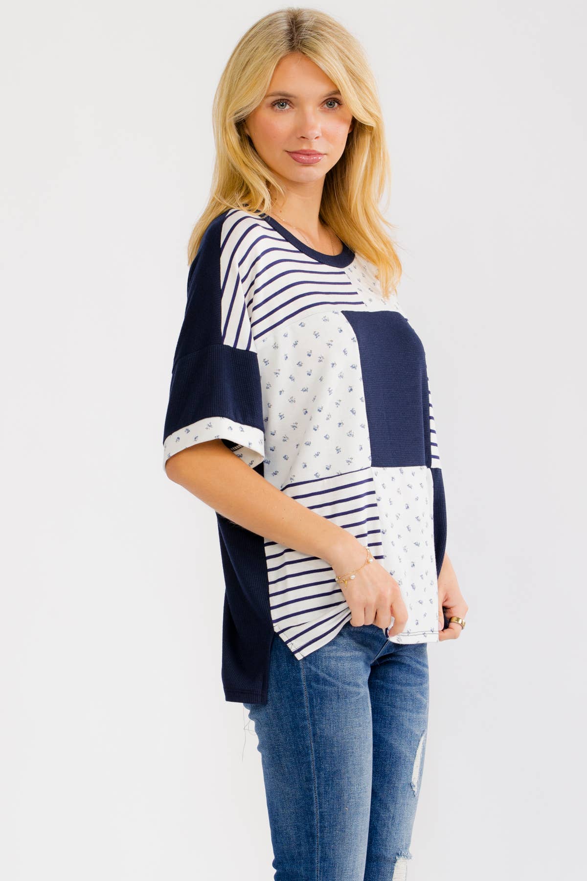 NAVY/WHITE PATCHWORK KNIT TOP