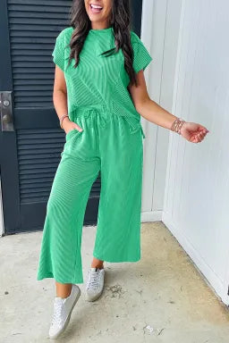 GREEN RAISED RIBBED WIDE LEG SET