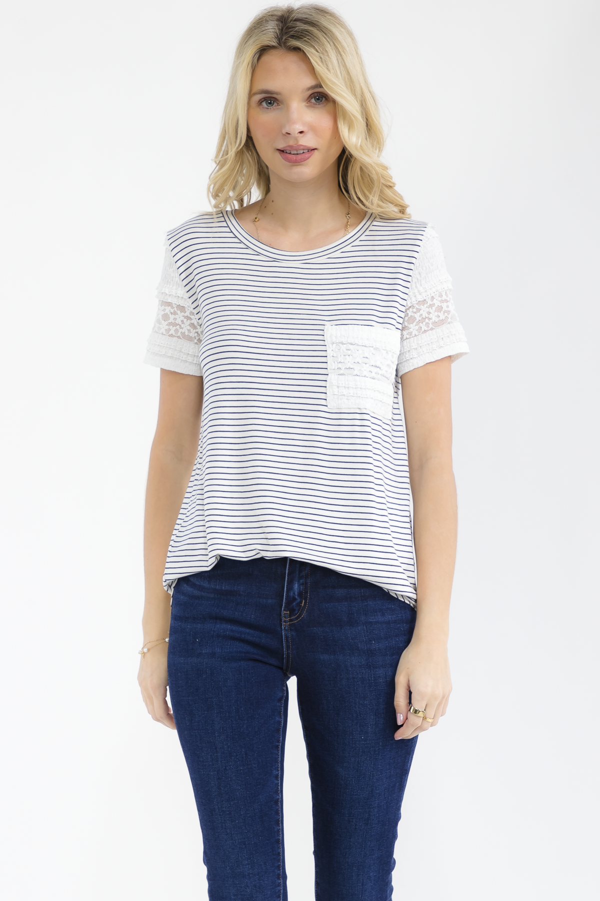 BLACK AND WHITE STRIPED KNIT TOP W/ LACE TRIM