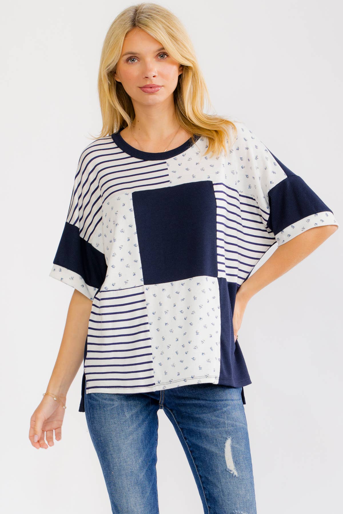 NAVY/WHITE PATCHWORK KNIT TOP