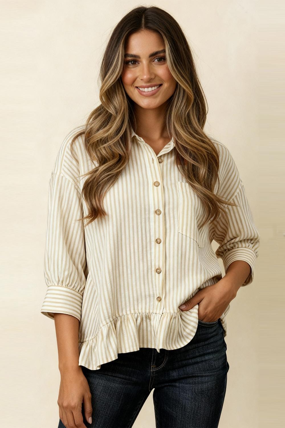 TAUPE STRIPED BUTTON DOWN RUFFLE TOP