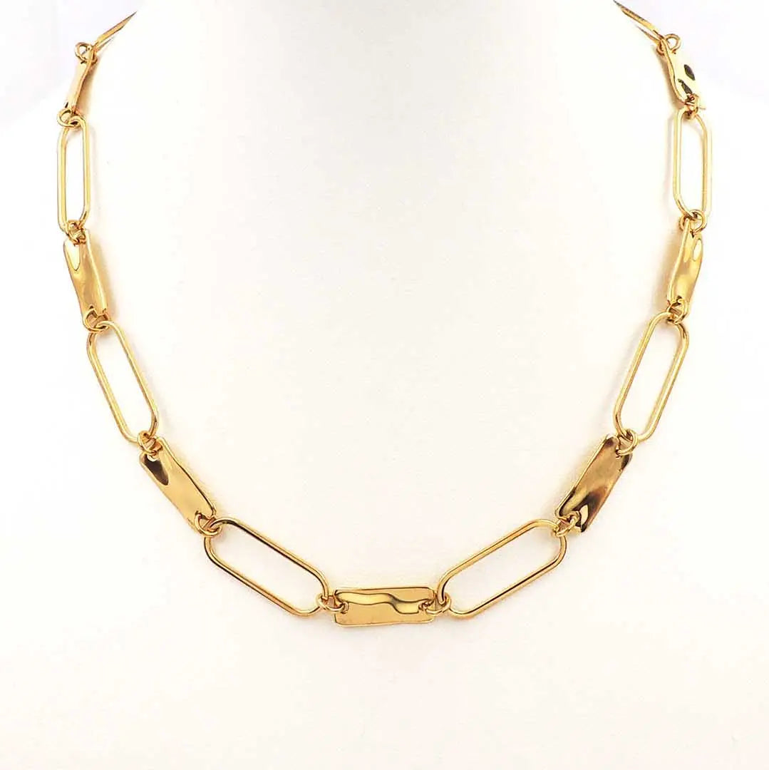 Stainless Steel Gold Open Oval and Hammered Textured 16"-18" Necklace