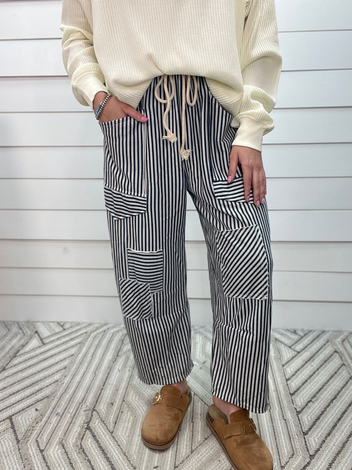 HUNTER GREEN Washed Striped Design Barrel Knit Pants
