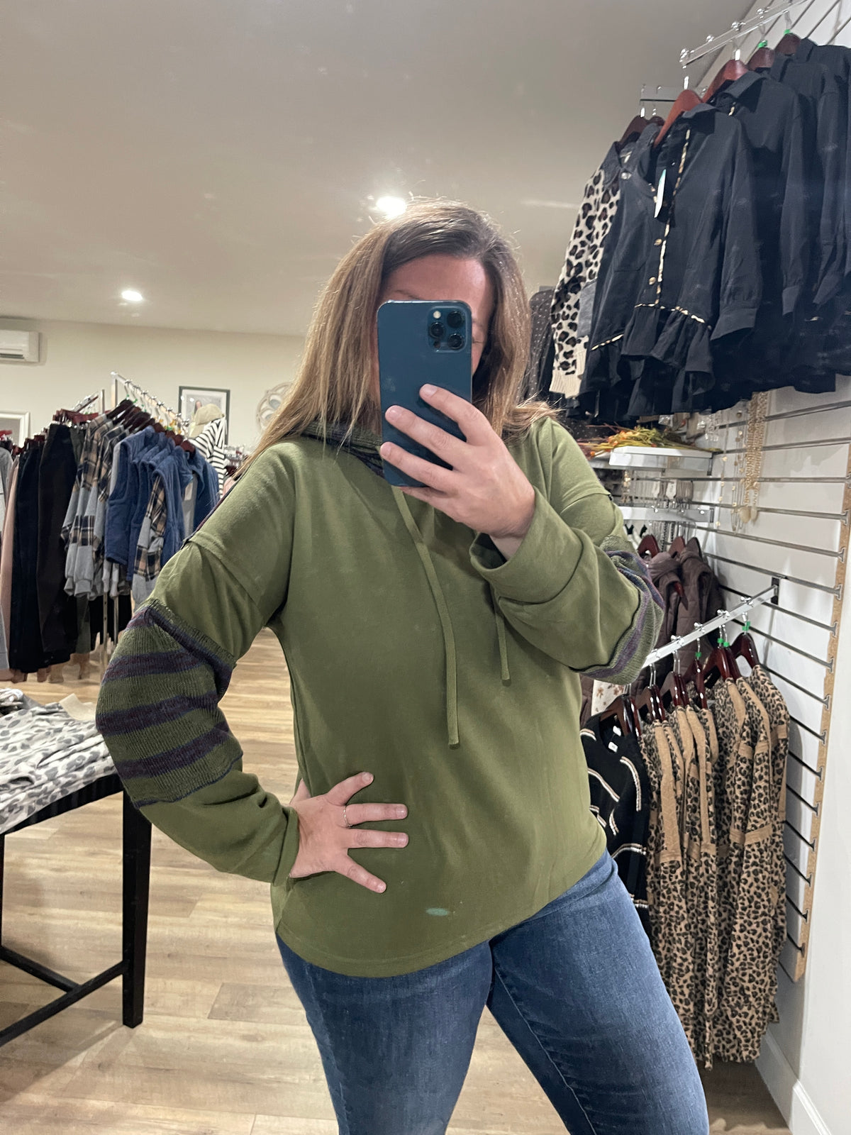 OLIVE Raw Edge Detail, Drawstring Hood, French Terry PULLOVER