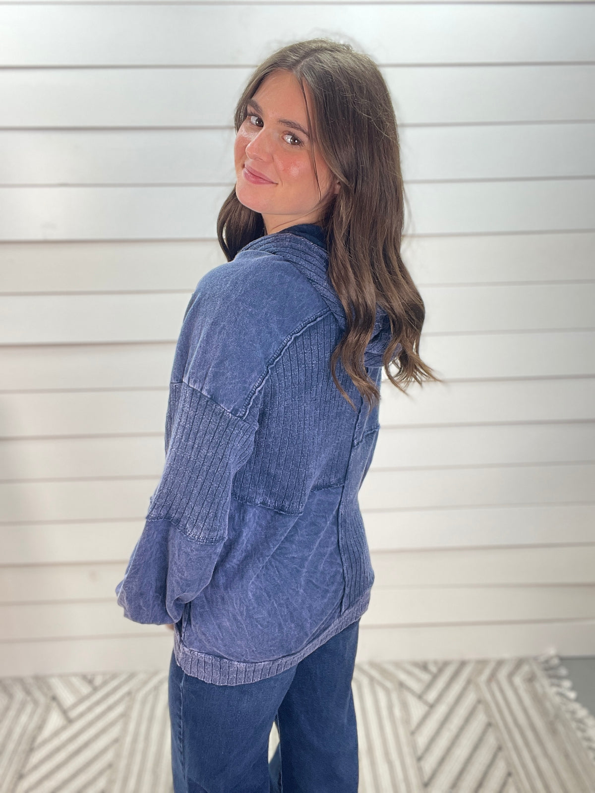 NAVY Mineral wash Sweater Block Stitched Hoodie Shirt
