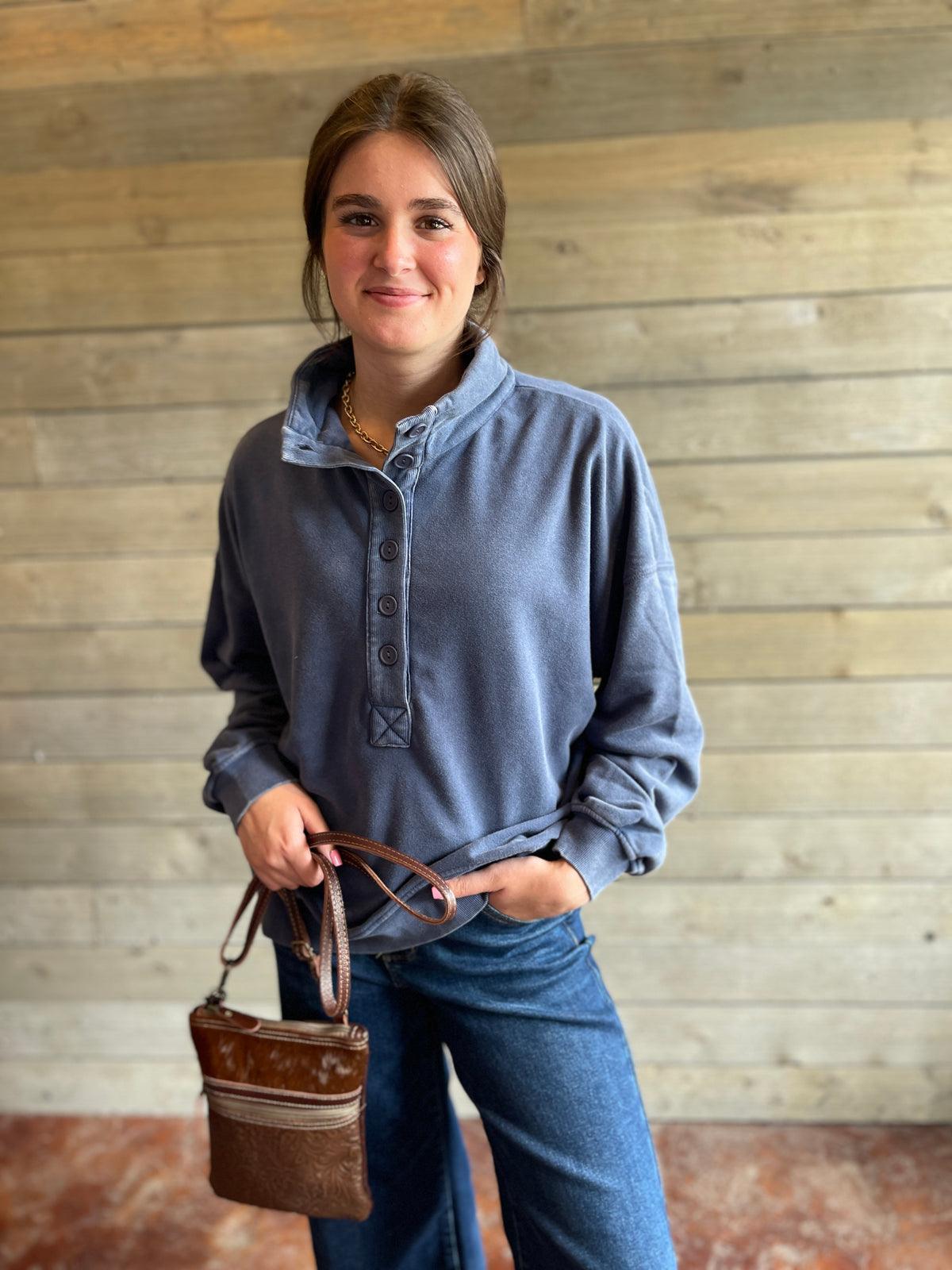 Navy Ultra Soft Mineral Wash Half Button Pullover