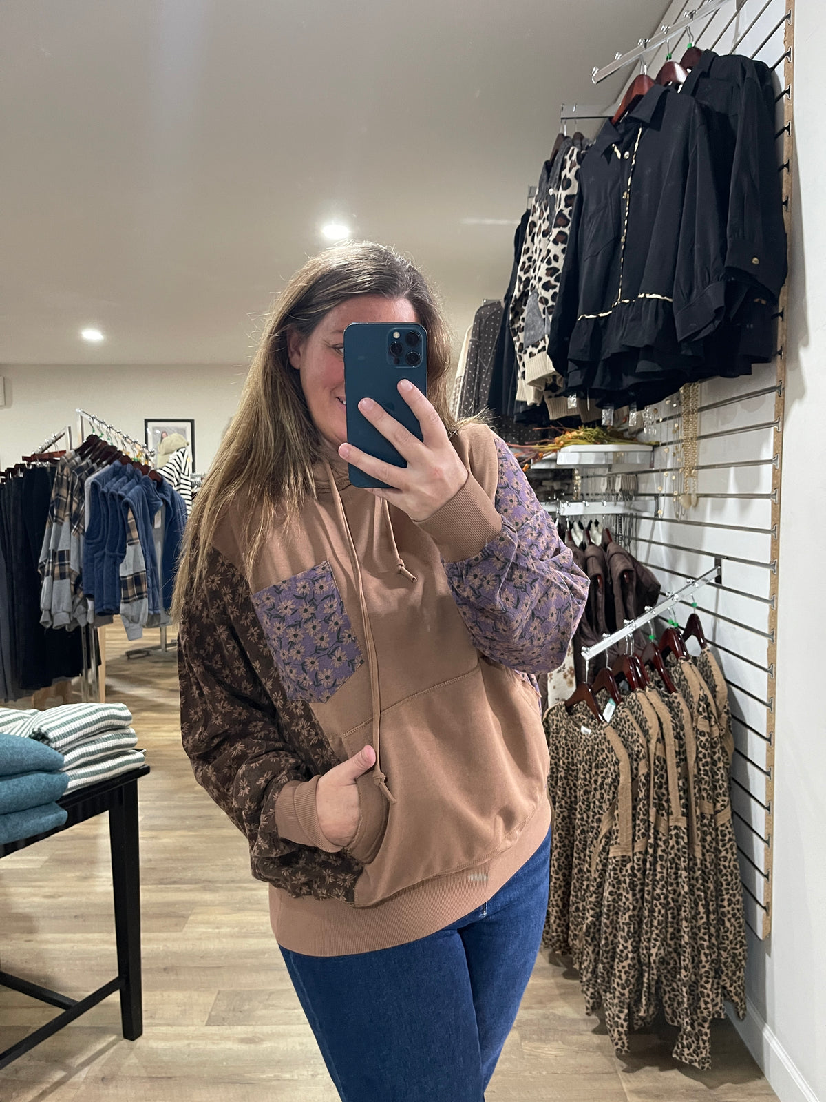 Mocha Floral Colorblock Oversized French Terry Hoodie