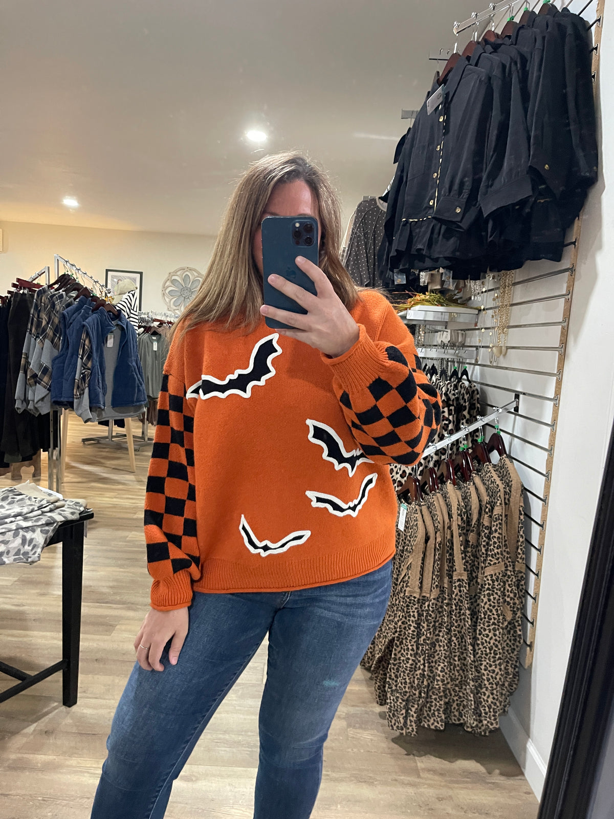 ORANGE CHECKERED BAT SWEATER
