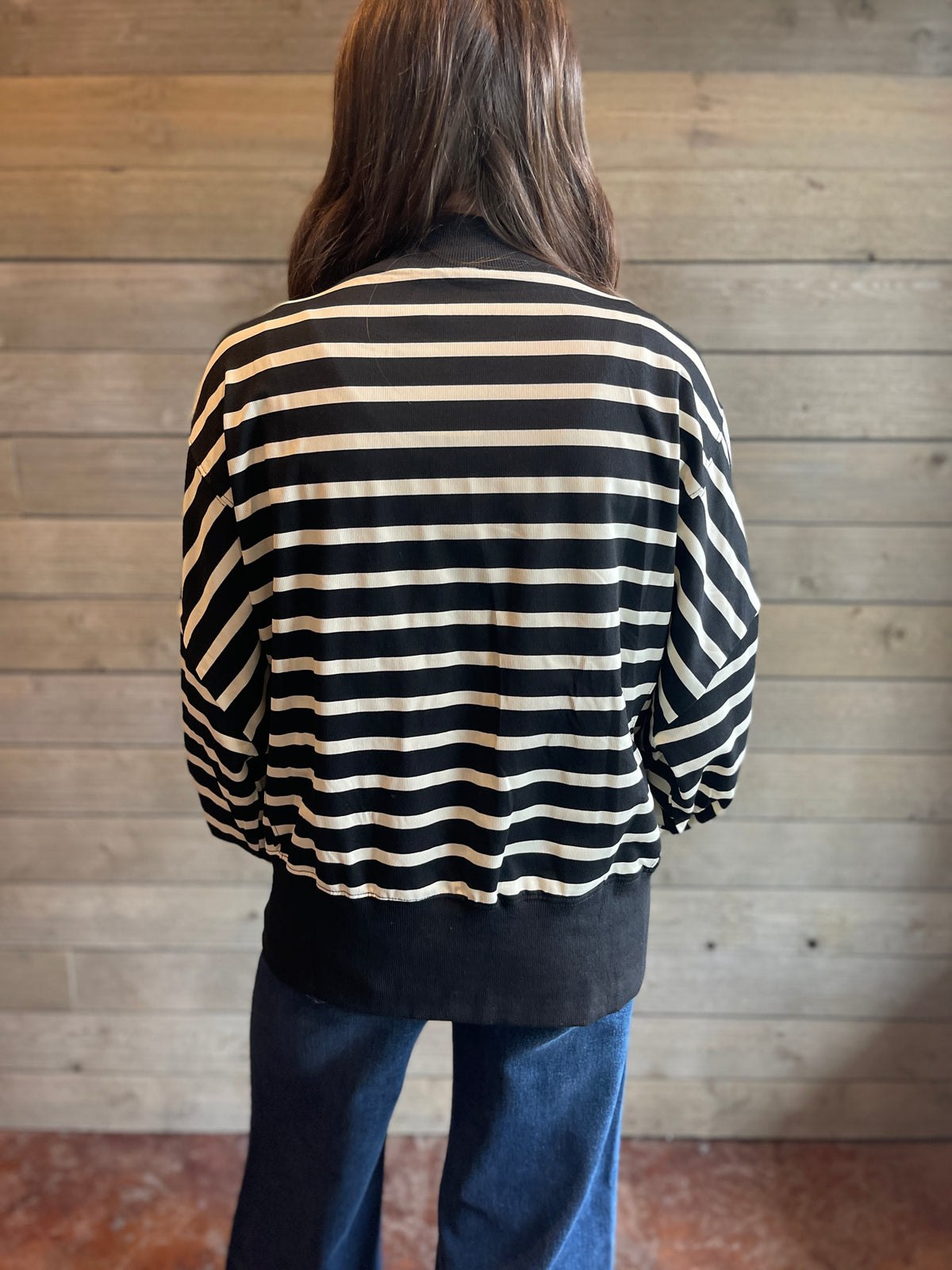 BLACK AND CREAM STRIPED MOCK NECK OVERSIZED KNIT TOP