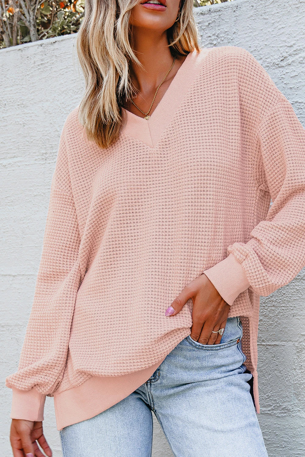 PINK WAFFLE TEXTURED LONG SLEEVE V NECK TOP