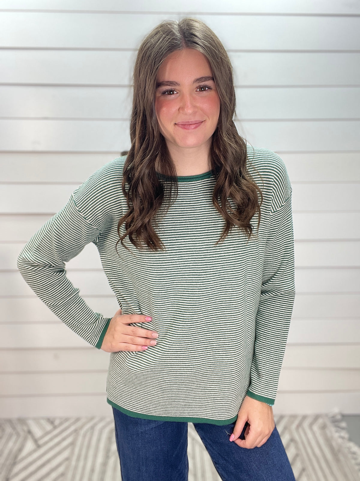 FOREST Waffle Texture Pinstriped Wide Crew Neck Long Sleeve Pullover Sweater