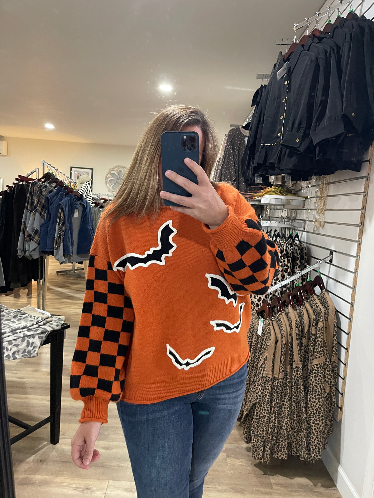 ORANGE CHECKERED BAT SWEATER