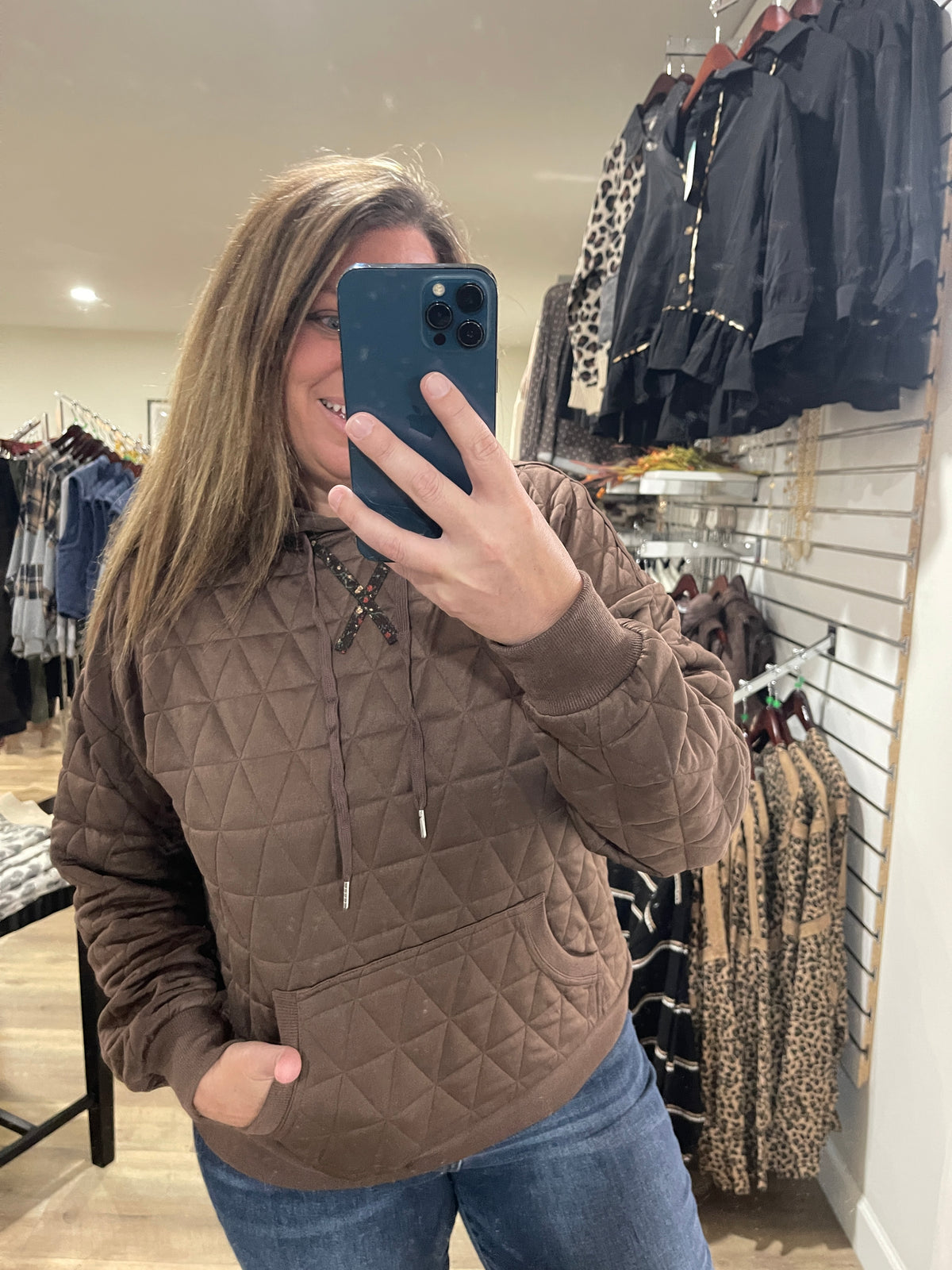 BROWN Quilted Hoodie Pullover Top With Contrast Floral Print