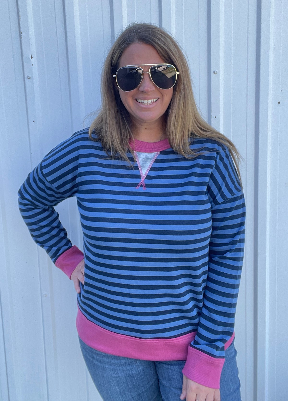 Navy/Fuschia Color Trim Banded, Long Sleeve, French Terry Pinstriped Top