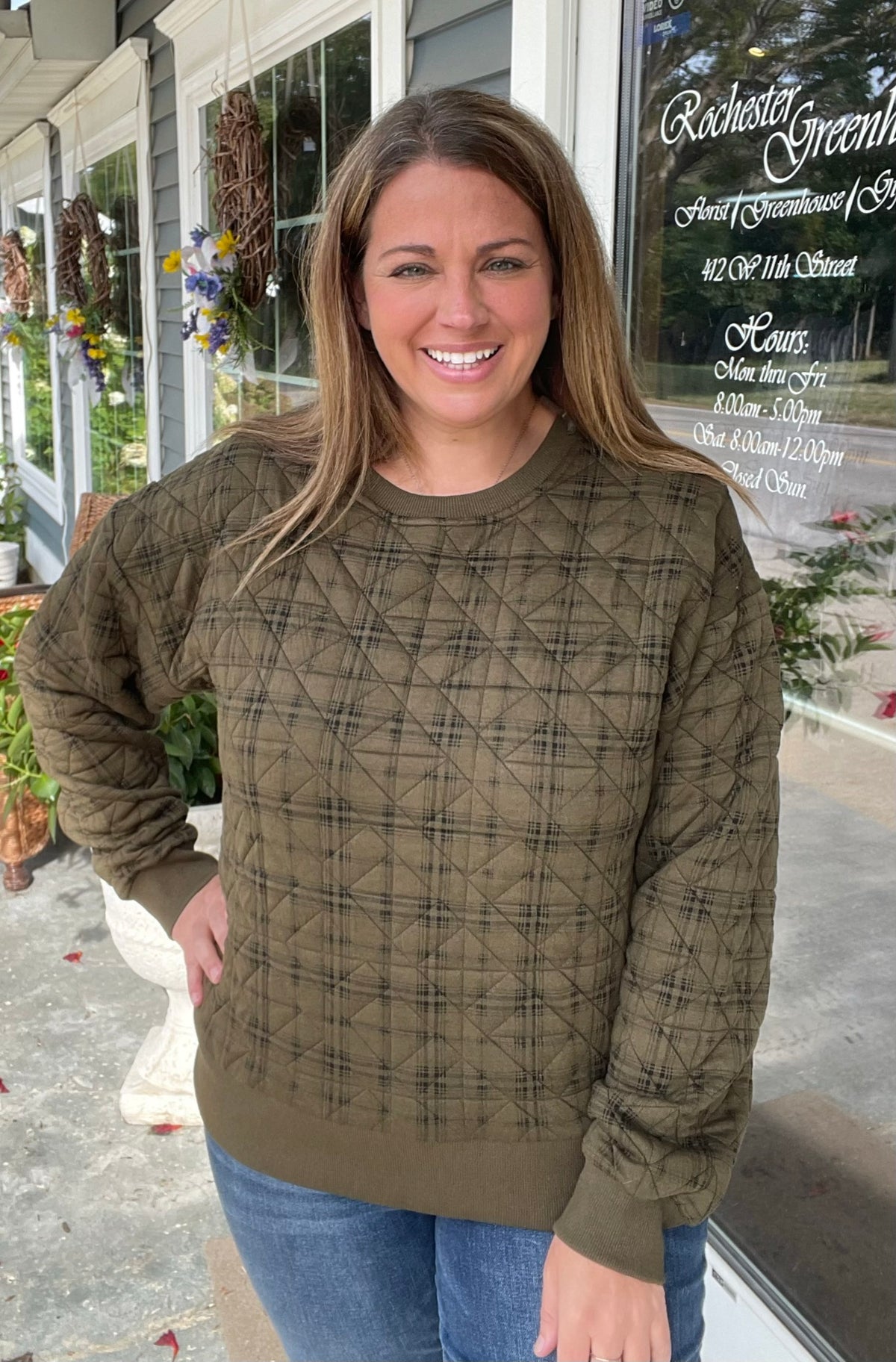 Olive Printed Quilted Pullover Crew Neck Knit Top, Rib Banded