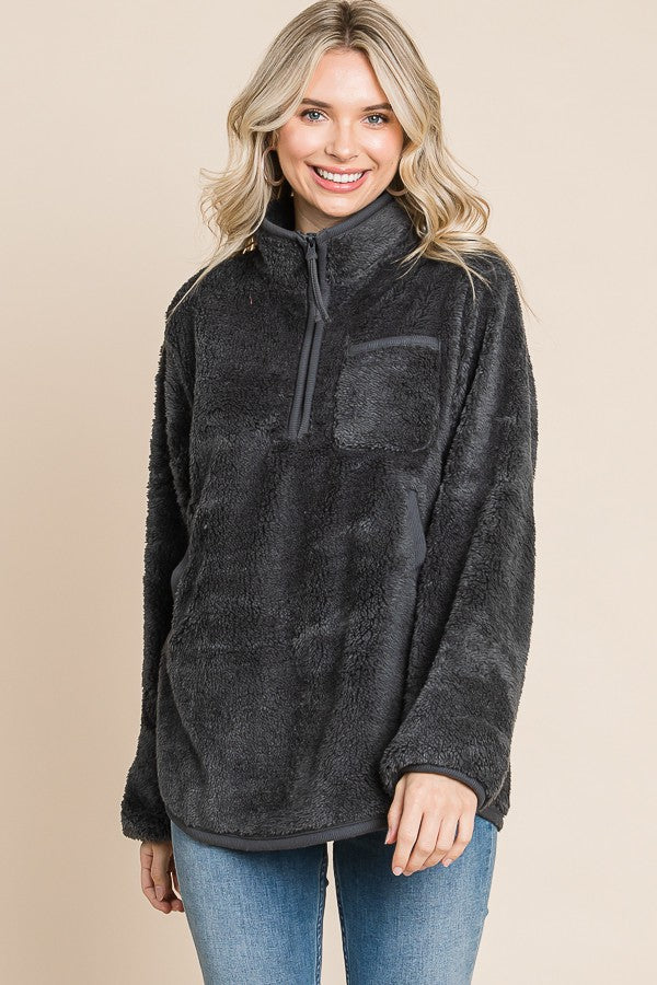 H CHARCOAL FAUX FUR SOLID LONG SLEEVE FRONT HALF ZIP UP TOP