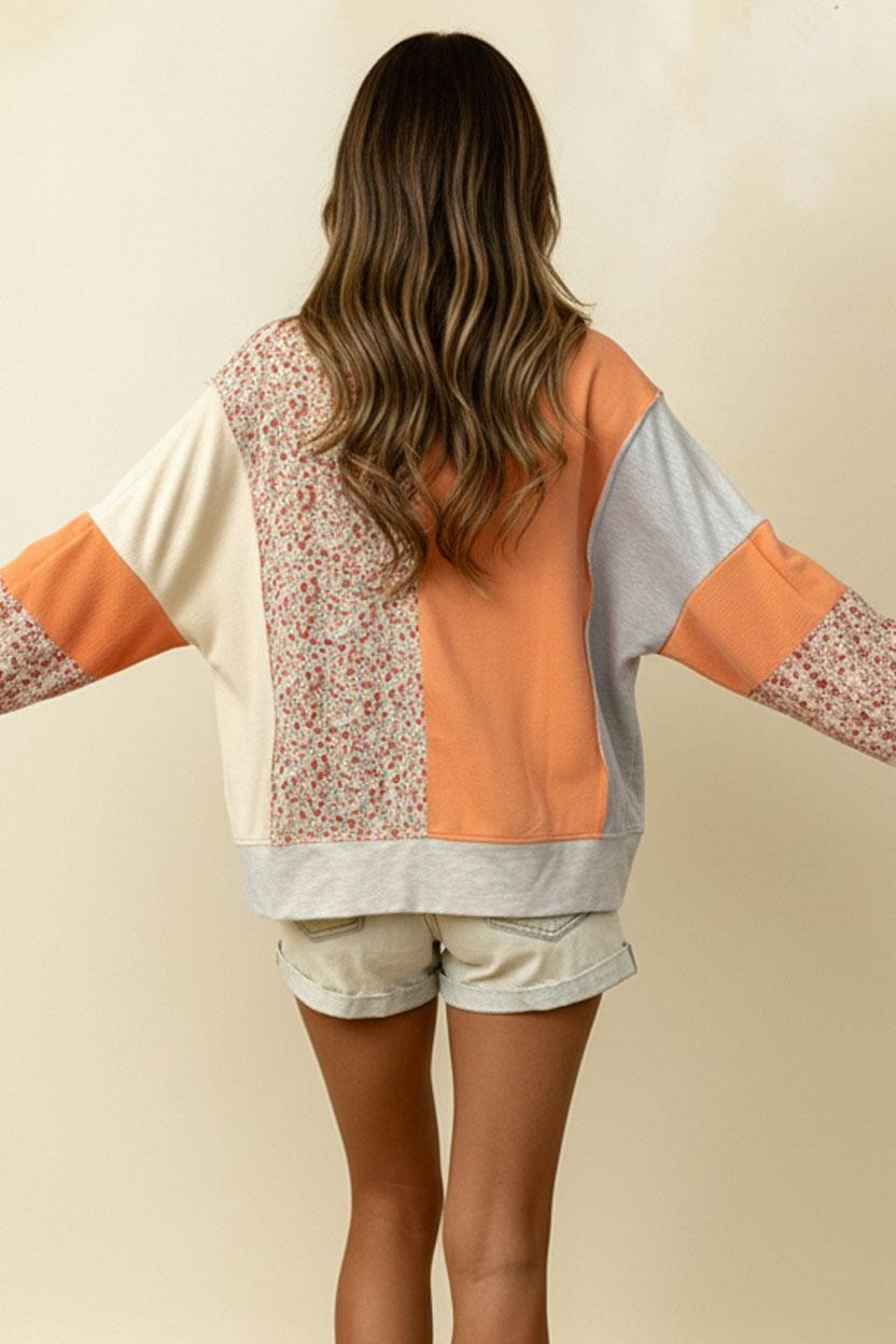 CREAM/ORANGE FLOWER PATCH KNIT COLORBLOCK TOP