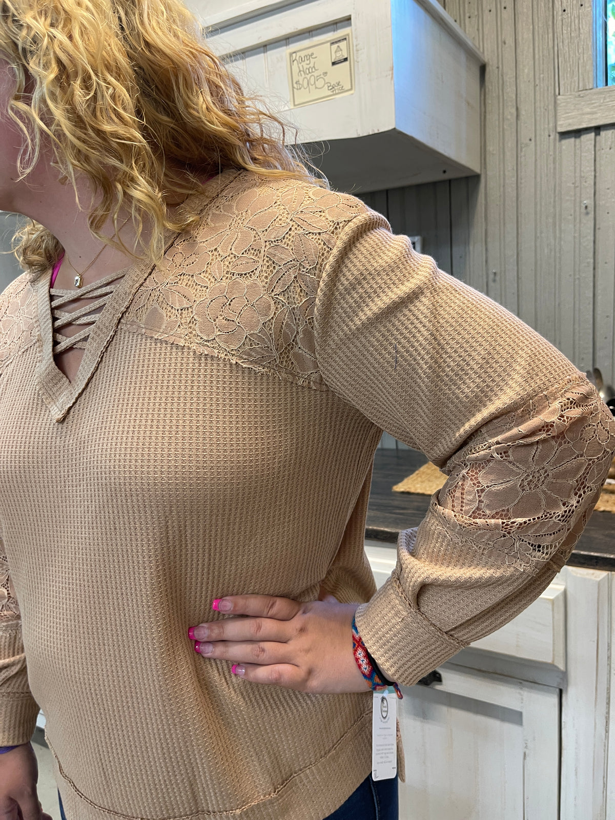 TAUPE LACE AND WAFFLE V NECK TOP