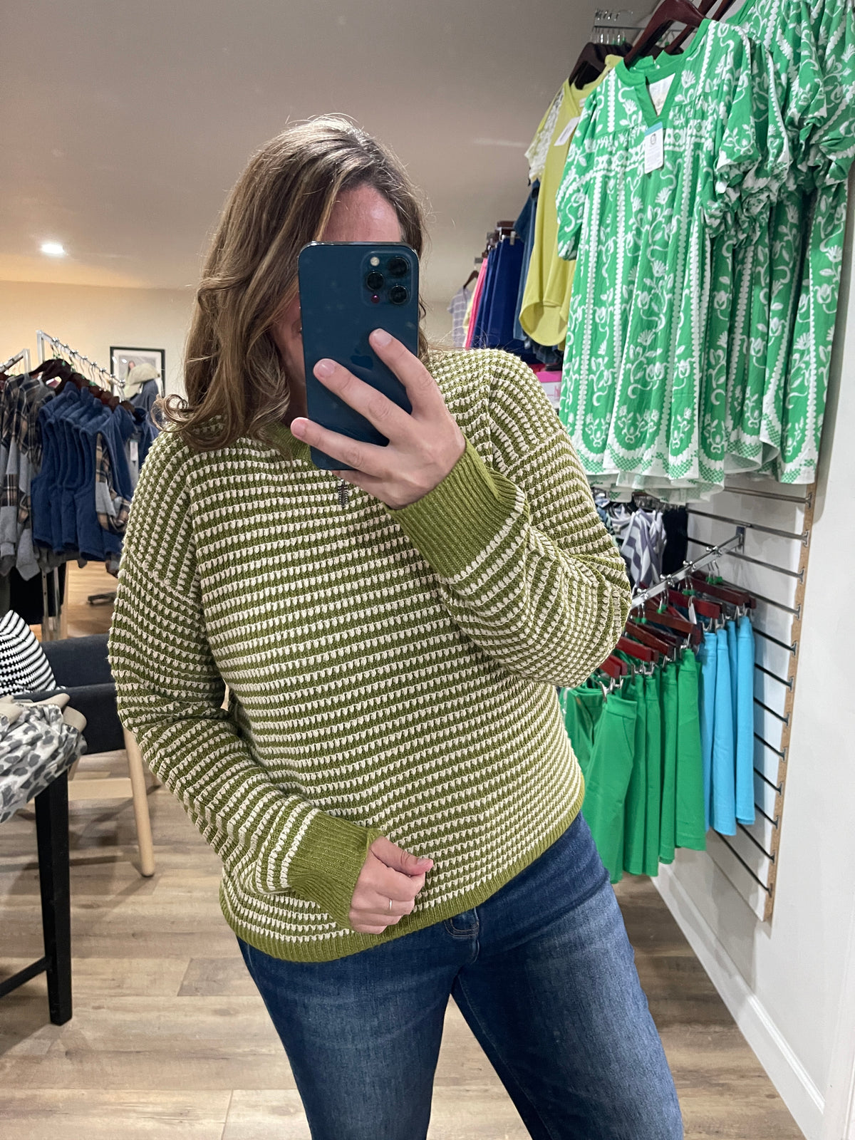 GREEN Color Trimmed Long Sleeve 2 Tone Waffle Striped Crew Neck Pullover Sweater