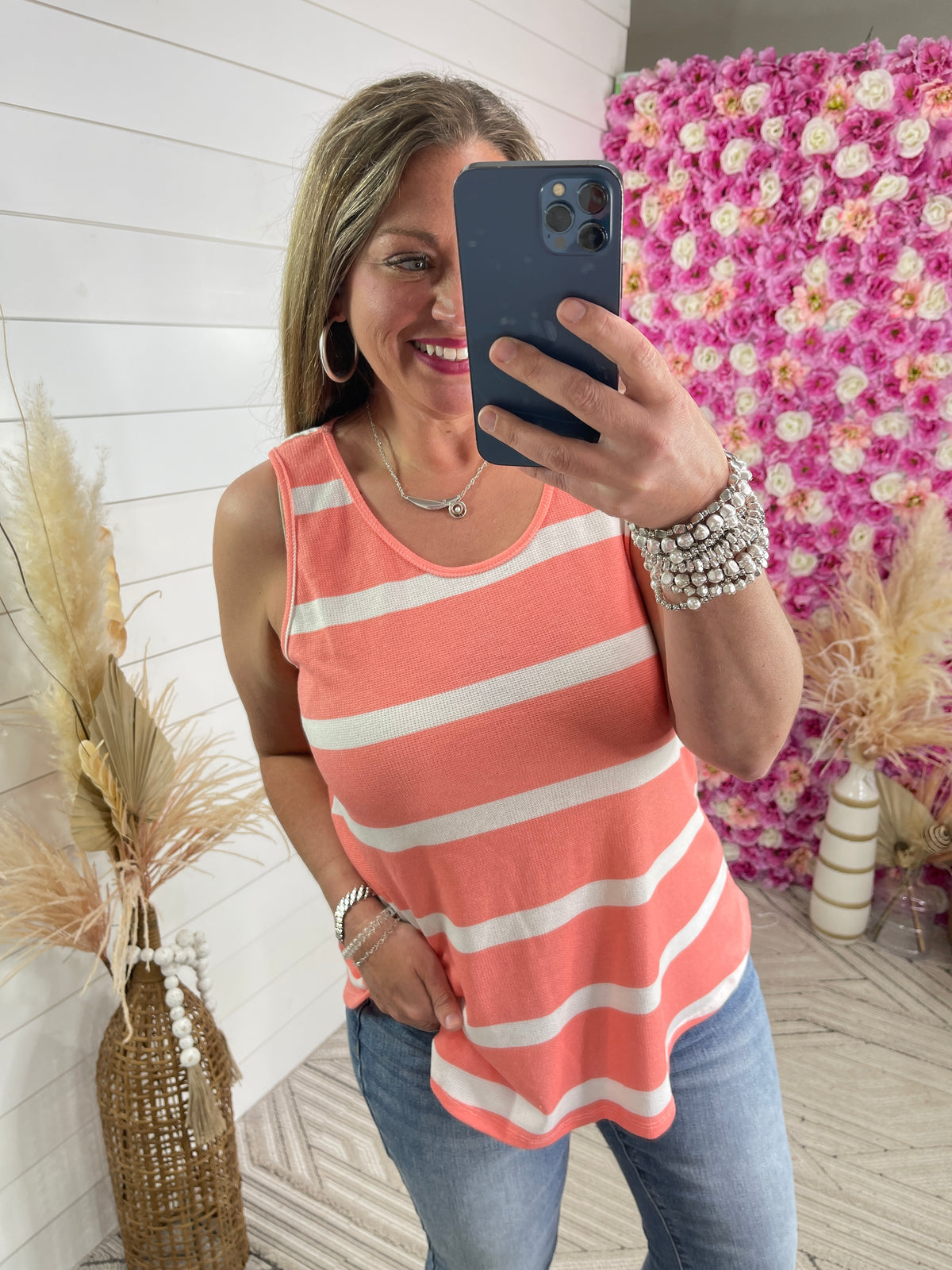 CORAL STRIPED KNIT TANK TOP