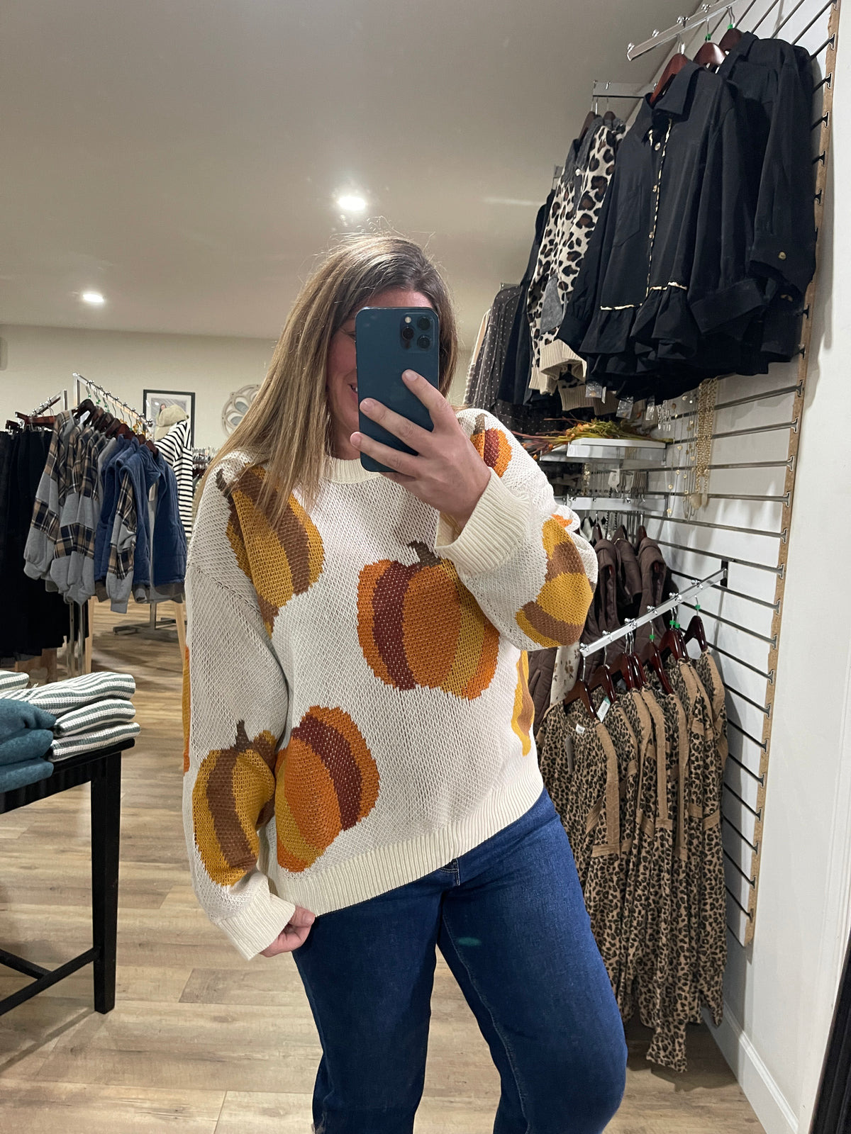 IVORY/RUST Round Neck Drop Shoulder Long Sleeve Pumpkin Jacquard Sweater Top