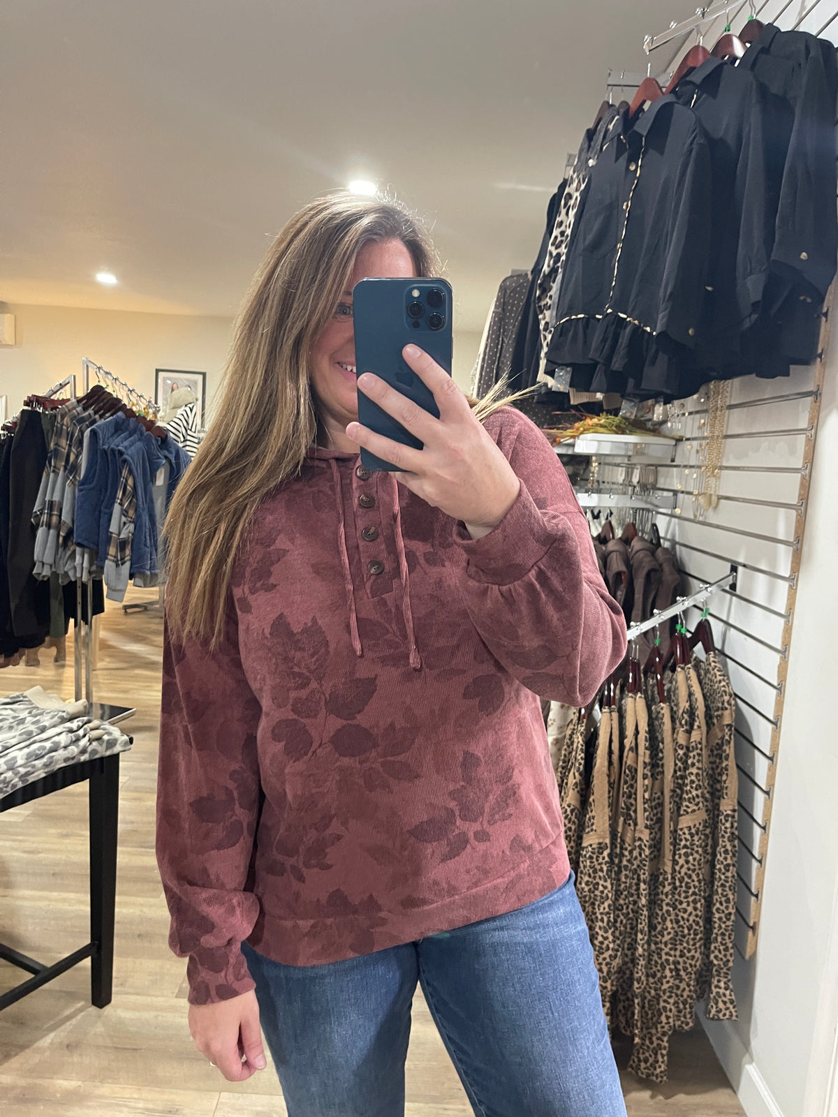 MARSALA Half Button, Long Sleeve, Floral Printed Drawstring Hoodie