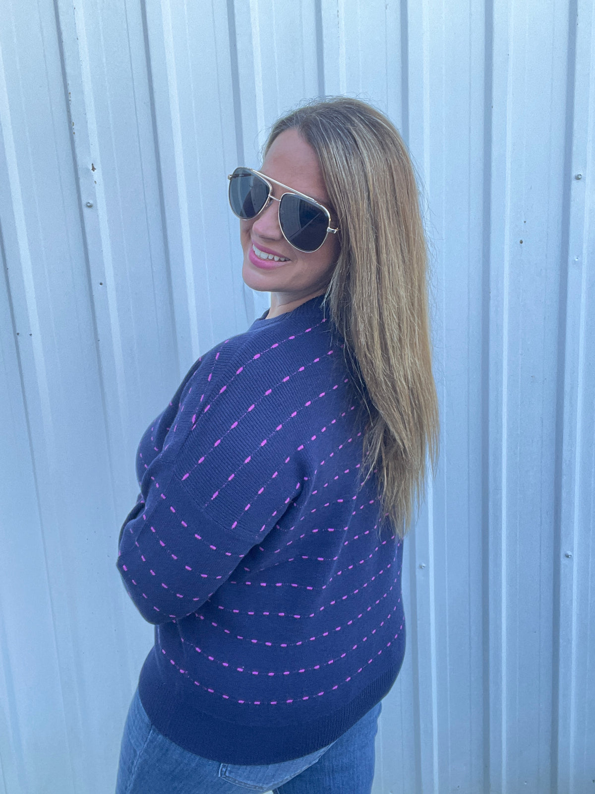 NAVY/FUSCHIA Texture Striped Crew Neck Long Sleeve Pullover Sweater